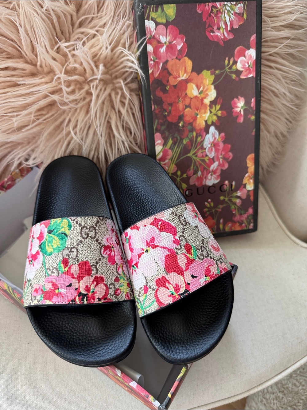 Gucci Floral GG Canvas Slide Sandals in Black, Pink & Green